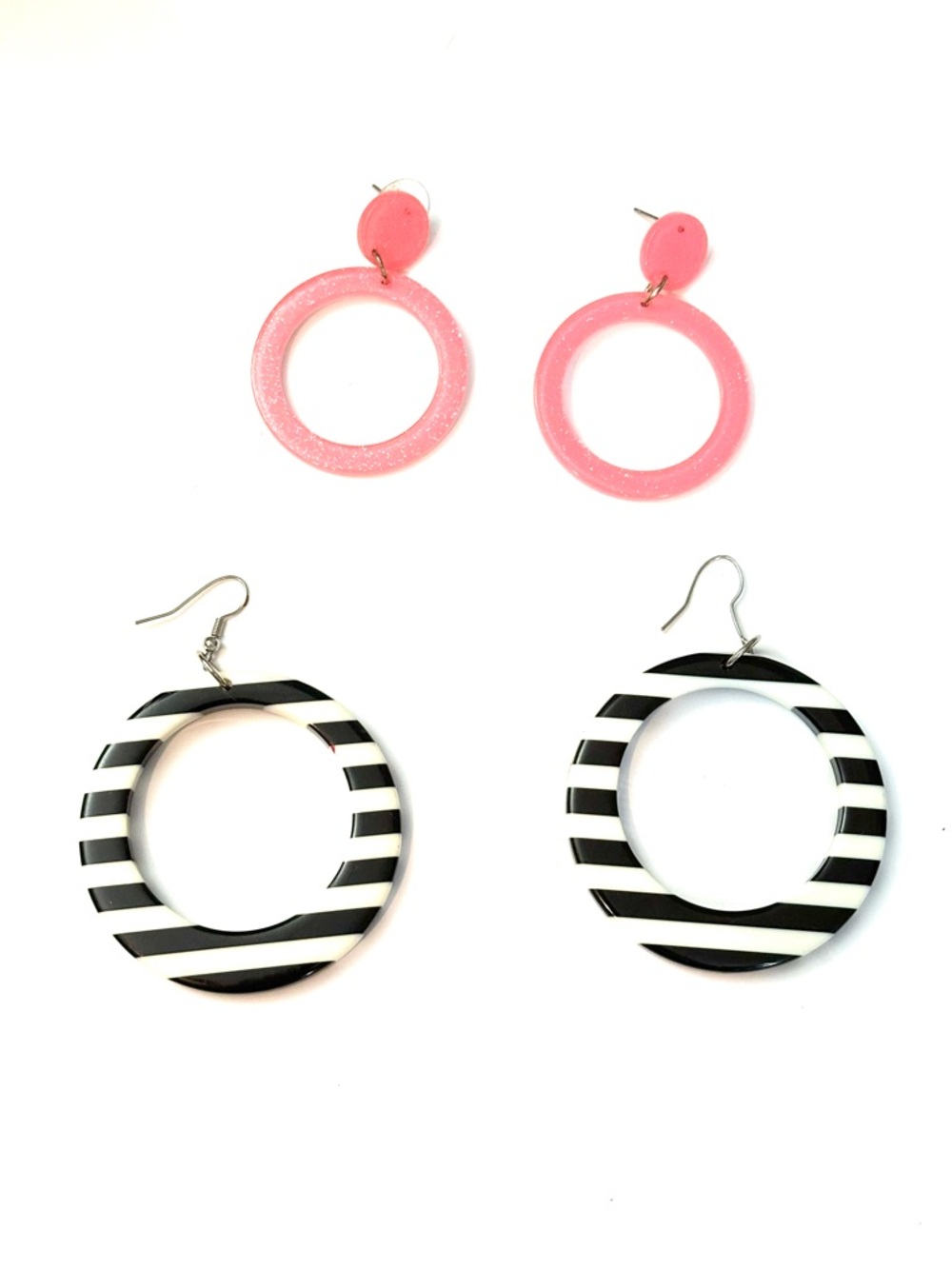 2 for $20 Unique Vintage 80’s Pink Glitter Hoop and Black White Striped HoopsSet